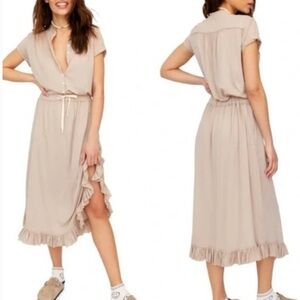 Free People Beach Beige Cinched Drawstring Waist Midi Dress Size Small